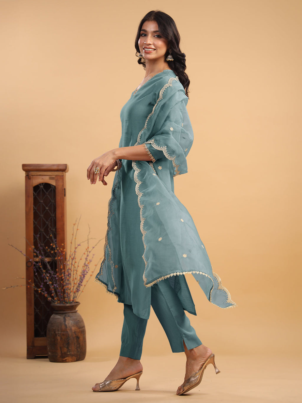 Janasya Light Chanderi Solid Straight Kurta Set | Grocsy