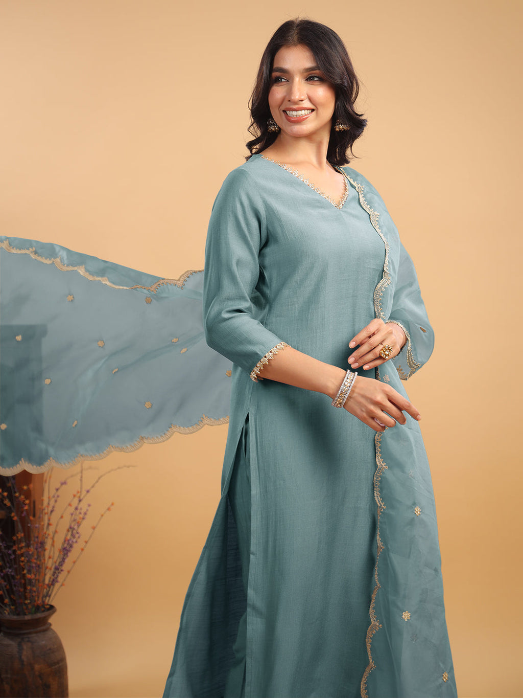Janasya Light Chanderi Solid Straight Kurta Set | Grocsy