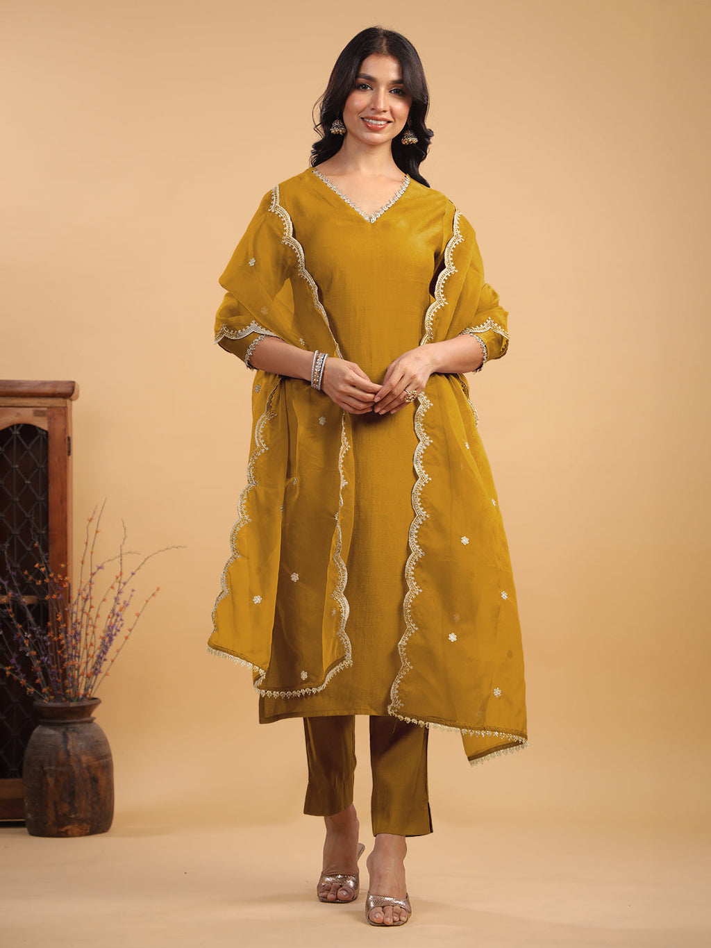 Janasya Light Chanderi Solid Straight Kurta Set | Grocsy