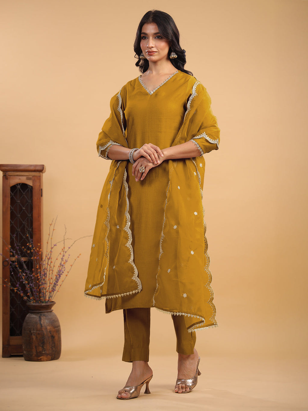 Janasya Light Chanderi Solid Straight Kurta Set | Grocsy