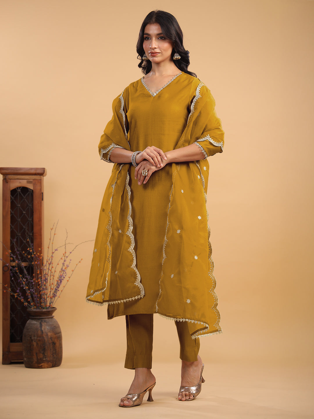 Janasya Light Chanderi Solid Straight Kurta Set | Grocsy