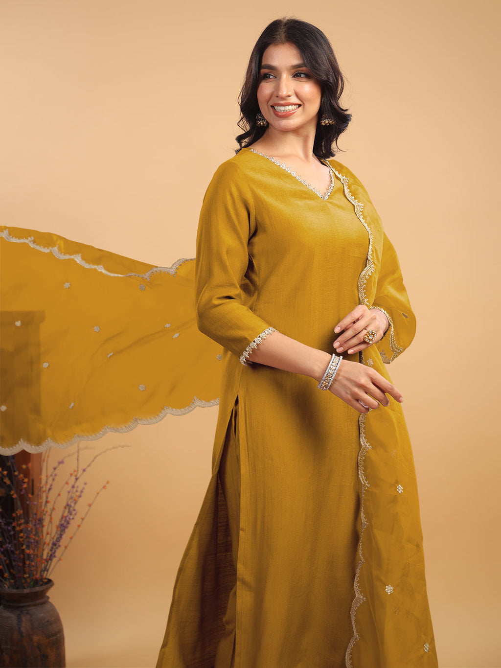 Janasya Light Chanderi Solid Straight Kurta Set | Grocsy