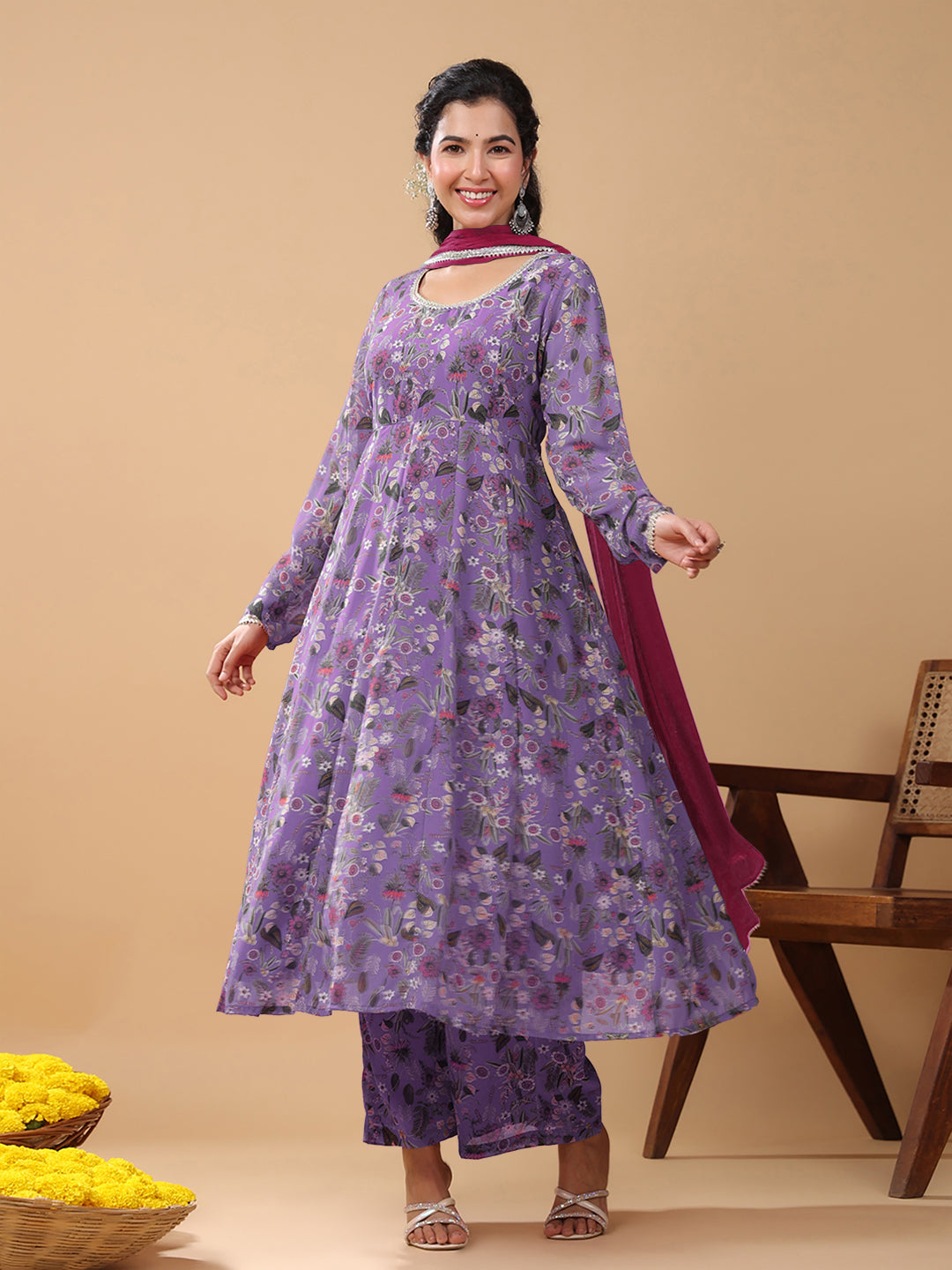 Janasya Bright Georgette Floral A-Line Kurta Set | Grocsy