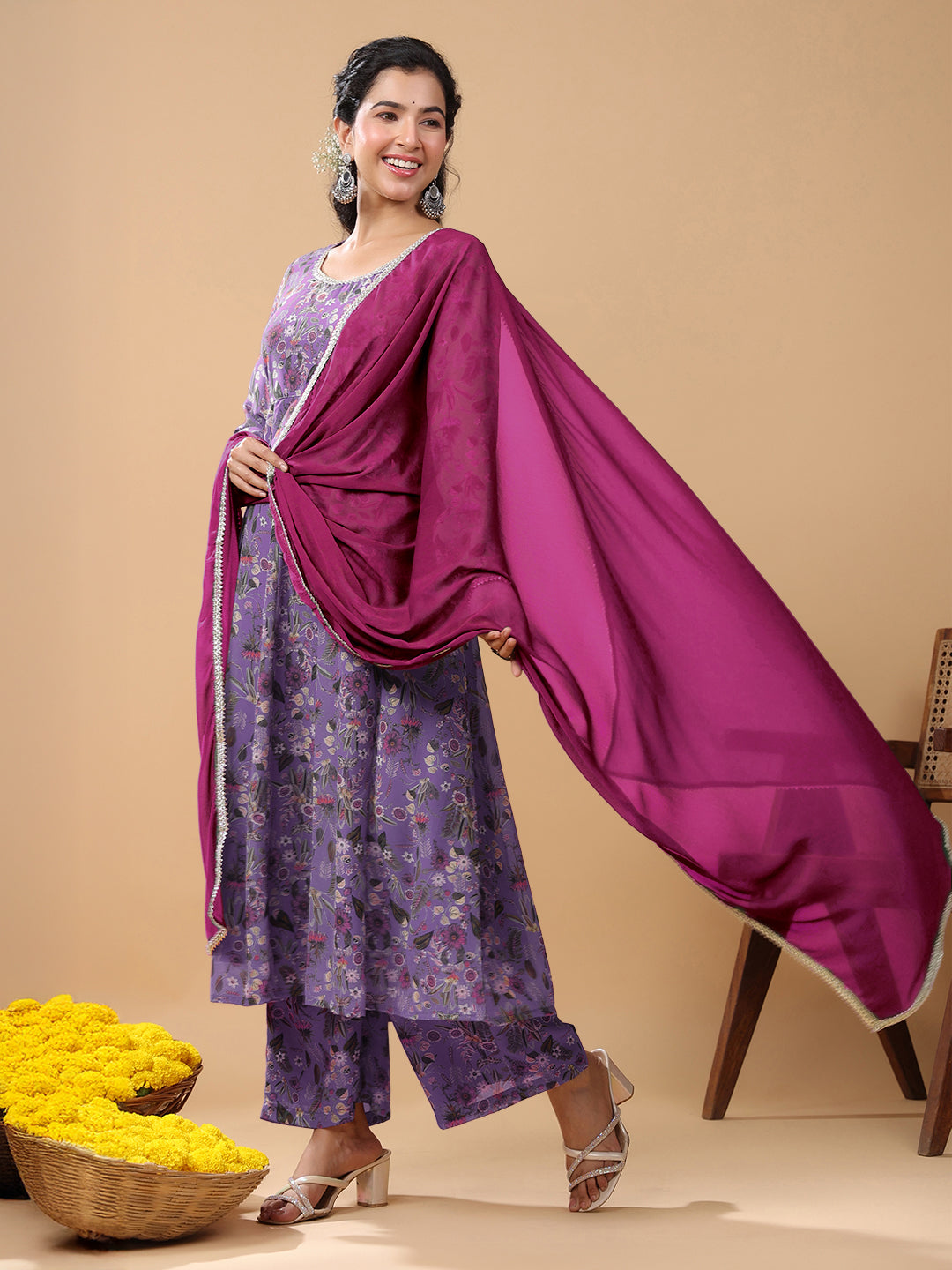 Janasya Bright Georgette Floral A-Line Kurta Set | Grocsy