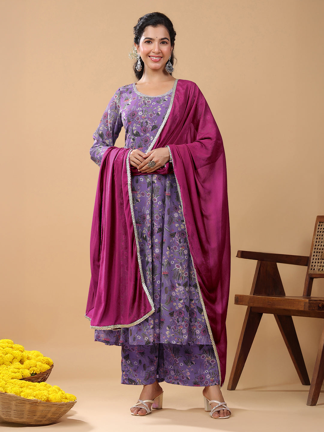 Janasya Bright Georgette Floral A-Line Kurta Set | Grocsy