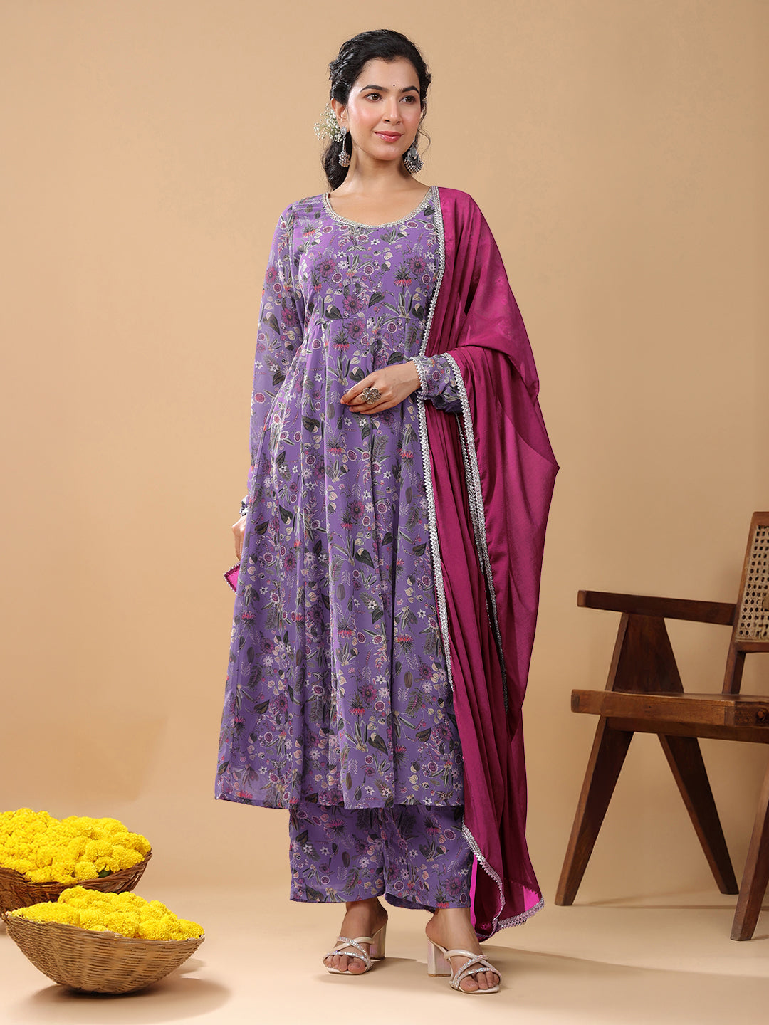 Janasya Bright Georgette Floral A-Line Kurta Set | Grocsy