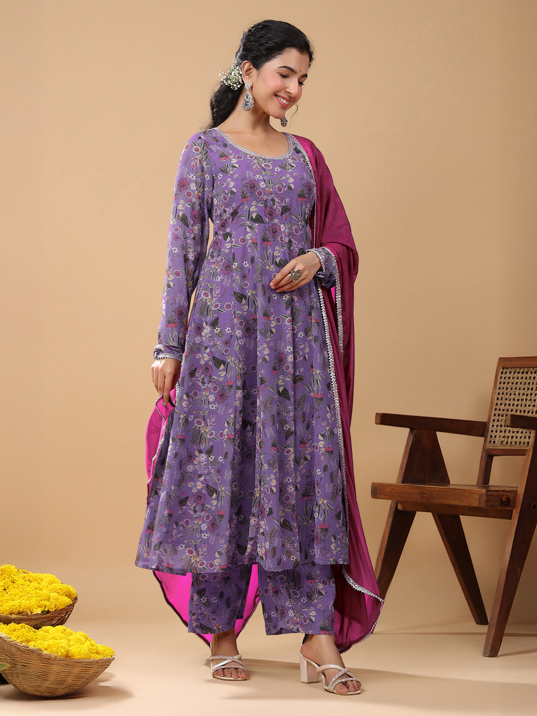Janasya Bright Georgette Floral A-Line Kurta Set | Grocsy