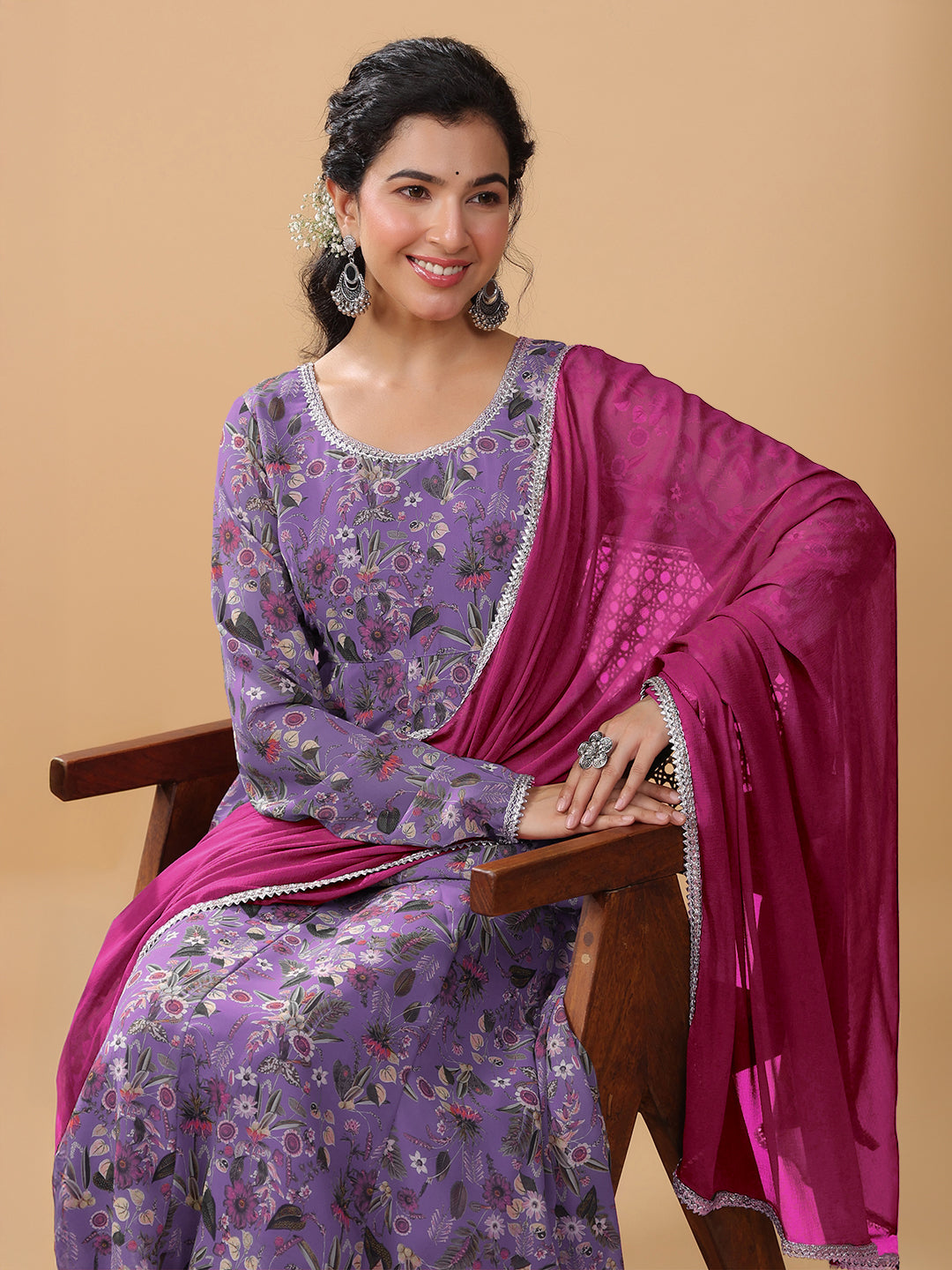 Janasya Bright Georgette Floral A-Line Kurta Set | Grocsy