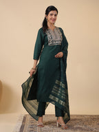 Janasya Dark Cotton Blend Yoke Embroidery Straight Kurta Set | Grocsy