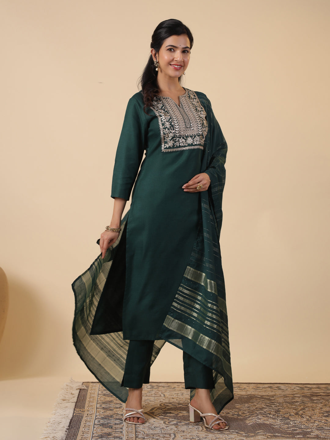 Janasya Dark Cotton Blend Yoke Embroidery Straight Kurta Set | Grocsy