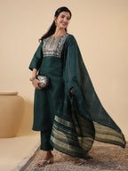 Janasya Dark Cotton Blend Yoke Embroidery Straight Kurta Set | Grocsy