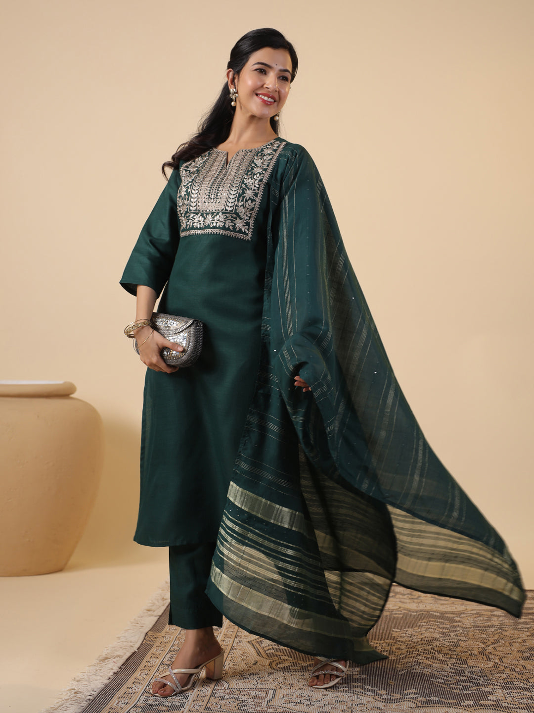 Janasya Dark Cotton Blend Yoke Embroidery Straight Kurta Set | Grocsy