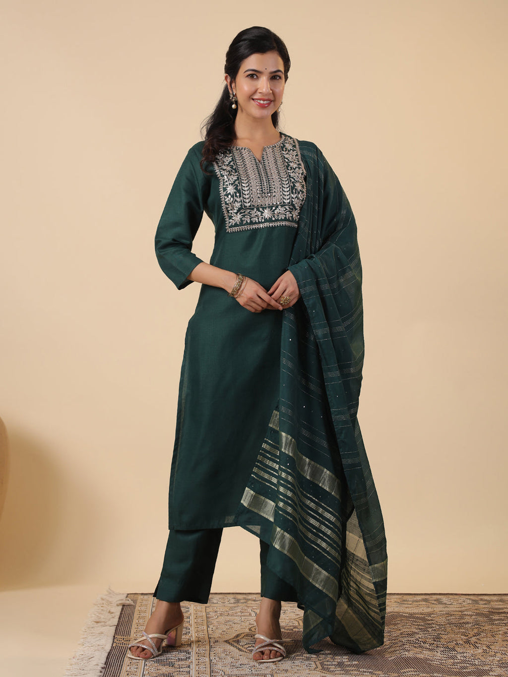 Janasya Dark Cotton Blend Yoke Embroidery Straight Kurta Set | Grocsy
