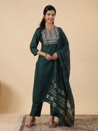 Janasya Dark Cotton Blend Yoke Embroidery Straight Kurta Set | Grocsy