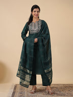 Janasya Dark Cotton Blend Yoke Embroidery Straight Kurta Set | Grocsy