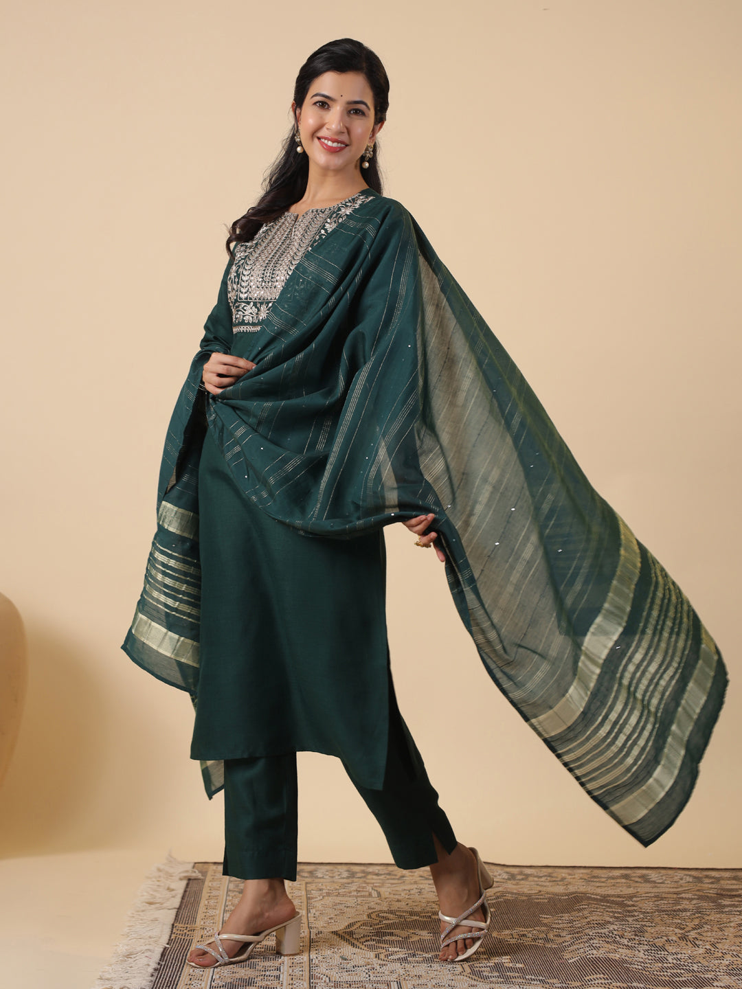 Janasya Dark Cotton Blend Yoke Embroidery Straight Kurta Set | Grocsy