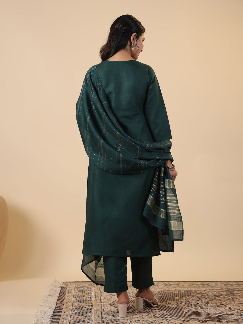 Janasya Dark Cotton Blend Yoke Embroidery Straight Kurta Set | Grocsy