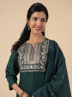 Janasya Dark Cotton Blend Yoke Embroidery Straight Kurta Set | Grocsy