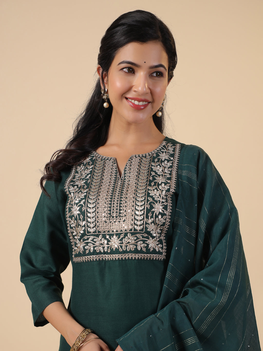 Janasya Dark Cotton Blend Yoke Embroidery Straight Kurta Set | Grocsy