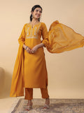 Janasya Bright Cotton Blend Yoke Embroidery Straight Kurta Set | Grocsy