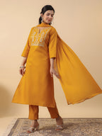 Janasya Bright Cotton Blend Yoke Embroidery Straight Kurta Set | Grocsy