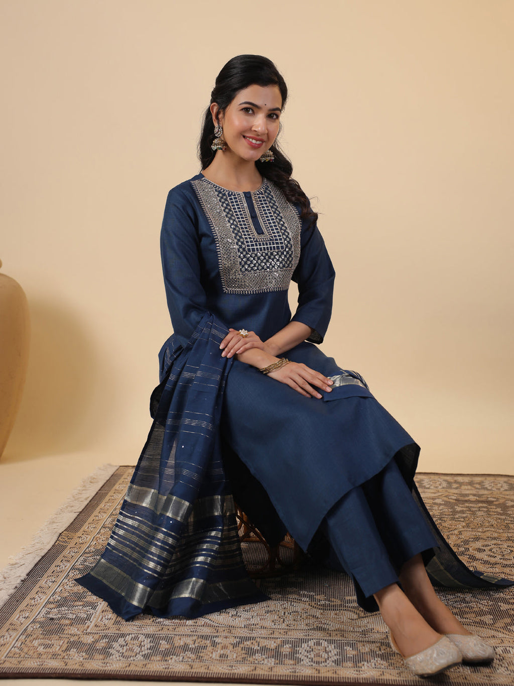 Janasya Bright Cotton Blend Embroidered Straight Kurta Set | Grocsy