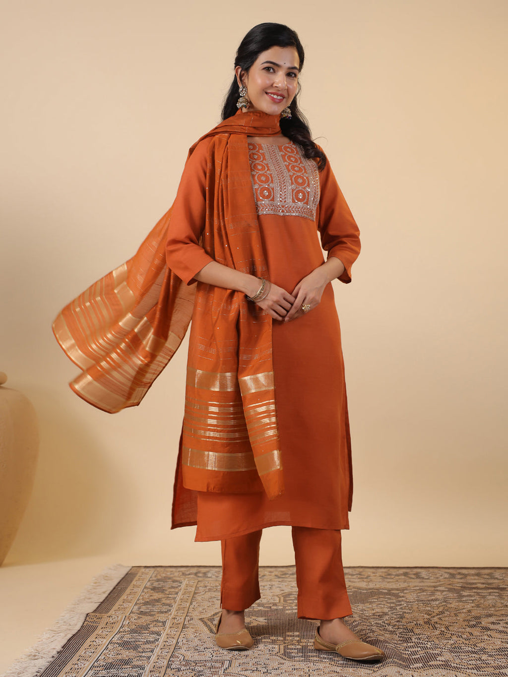 Janasya Dark Cotton Blend Yoke Embroidery Straight Kurta Set | Grocsy
