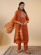 Janasya Dark Cotton Blend Yoke Embroidery Straight Kurta Set | Grocsy