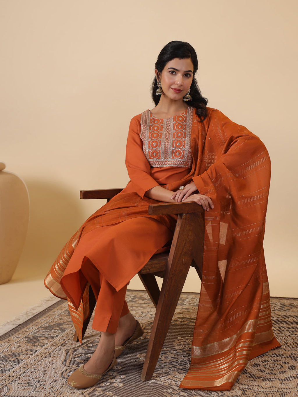 Janasya Dark Cotton Blend Yoke Embroidery Straight Kurta Set | Grocsy