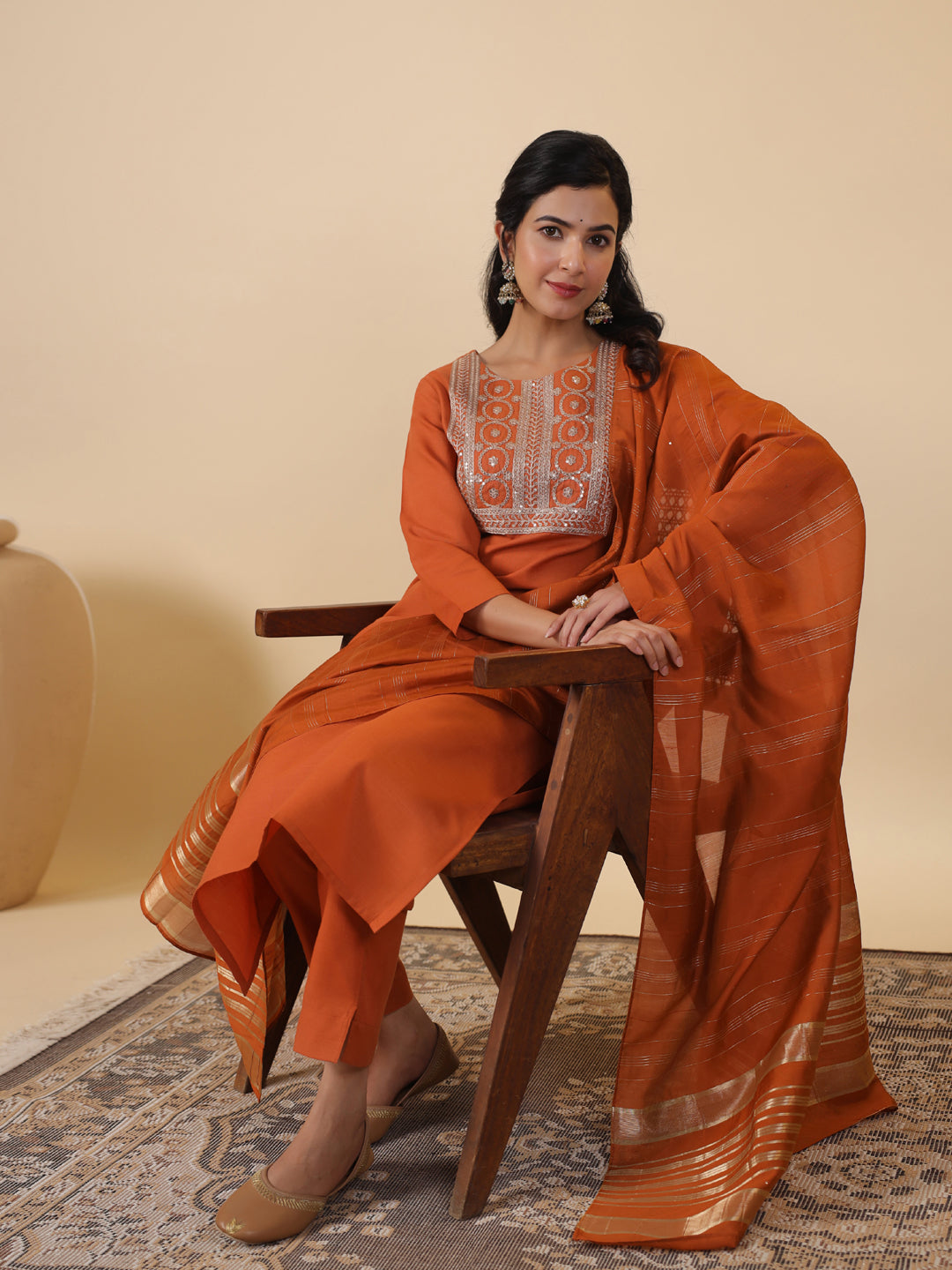 Janasya Dark Cotton Blend Yoke Embroidery Straight Kurta Set | Grocsy