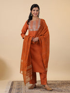 Janasya Dark Cotton Blend Yoke Embroidery Straight Kurta Set | Grocsy