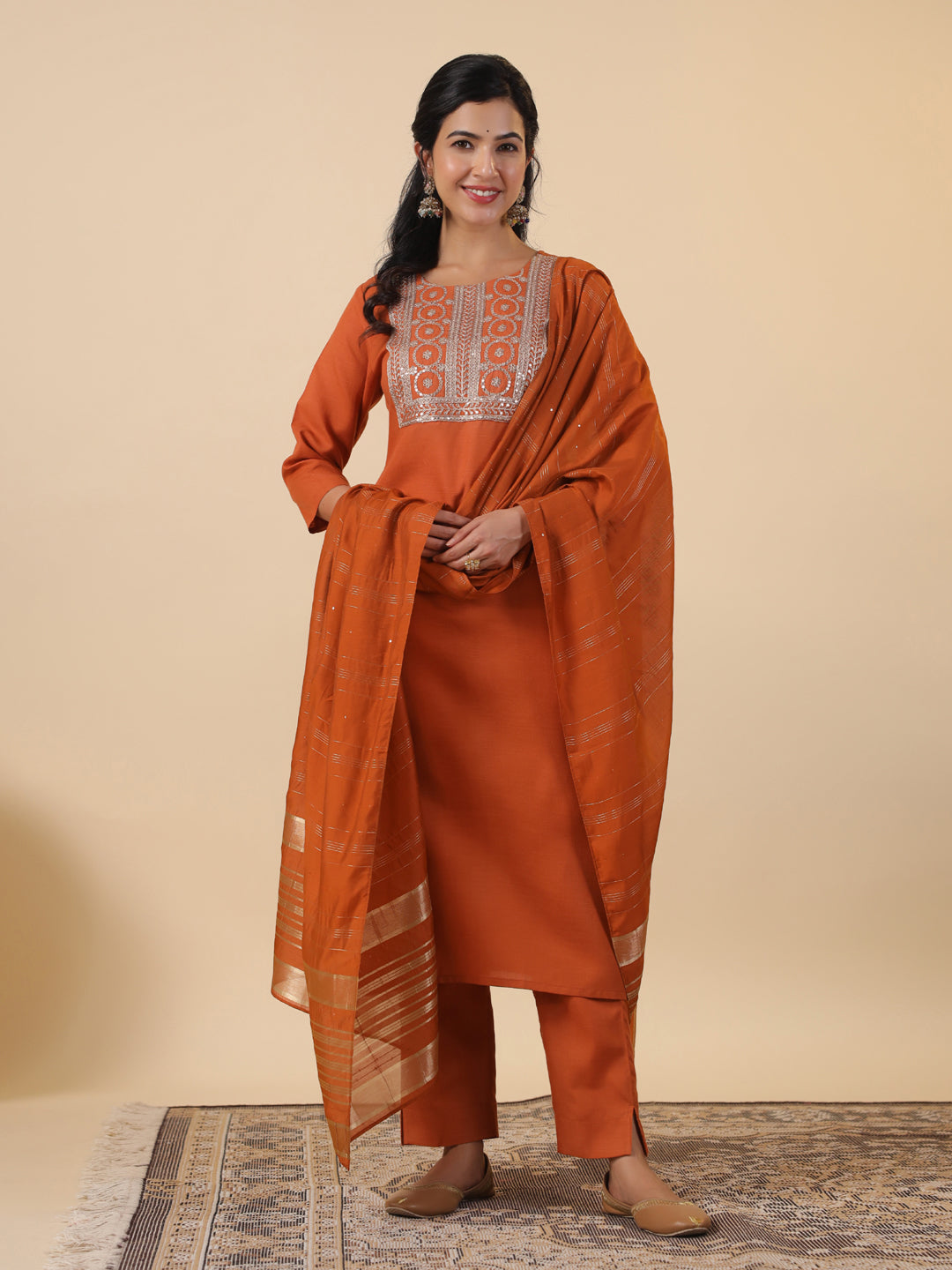 Janasya Dark Cotton Blend Yoke Embroidery Straight Kurta Set | Grocsy