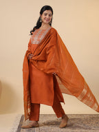 Janasya Dark Cotton Blend Yoke Embroidery Straight Kurta Set | Grocsy