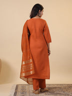 Janasya Dark Cotton Blend Yoke Embroidery Straight Kurta Set | Grocsy