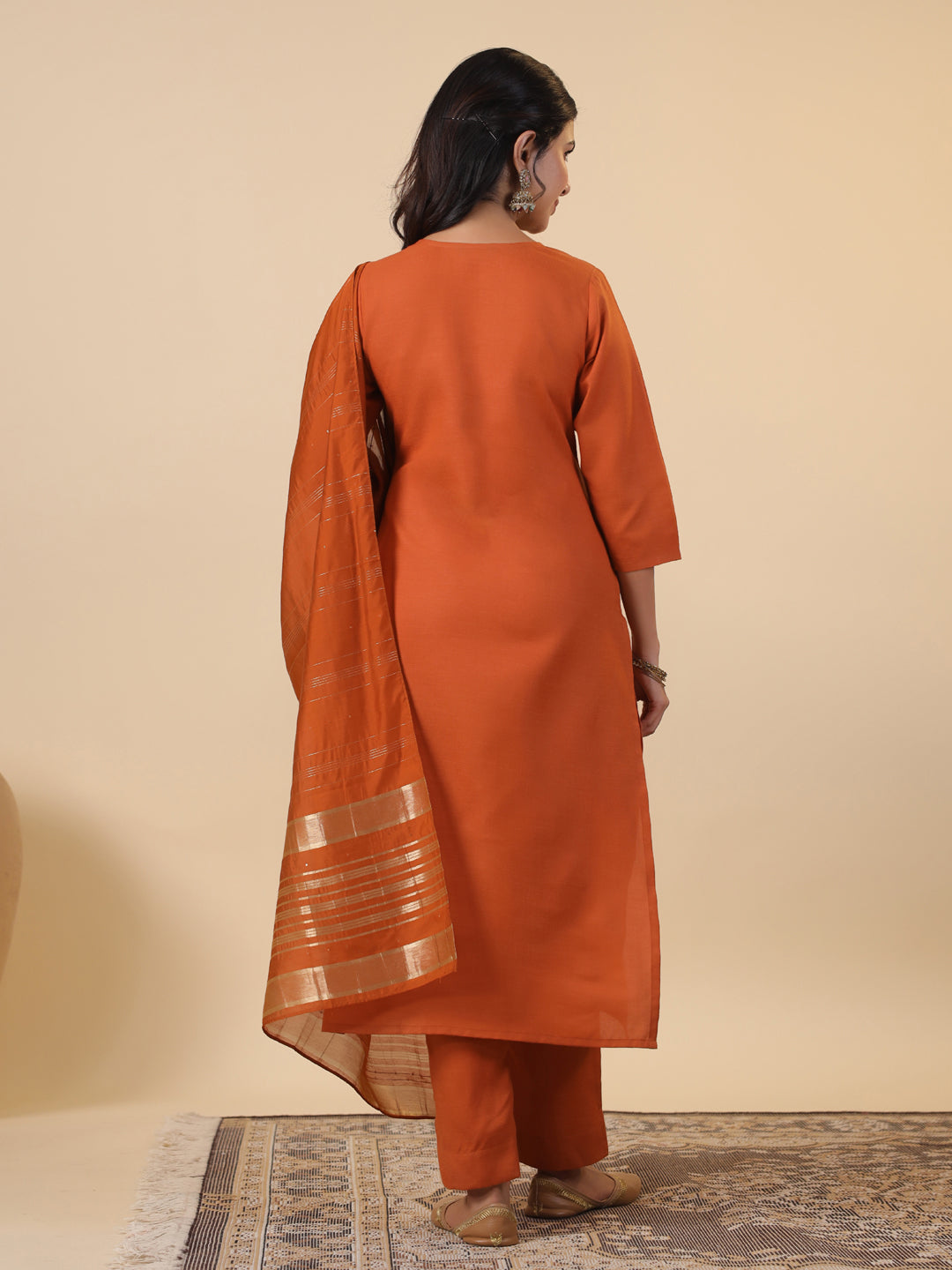 Janasya Dark Cotton Blend Yoke Embroidery Straight Kurta Set | Grocsy