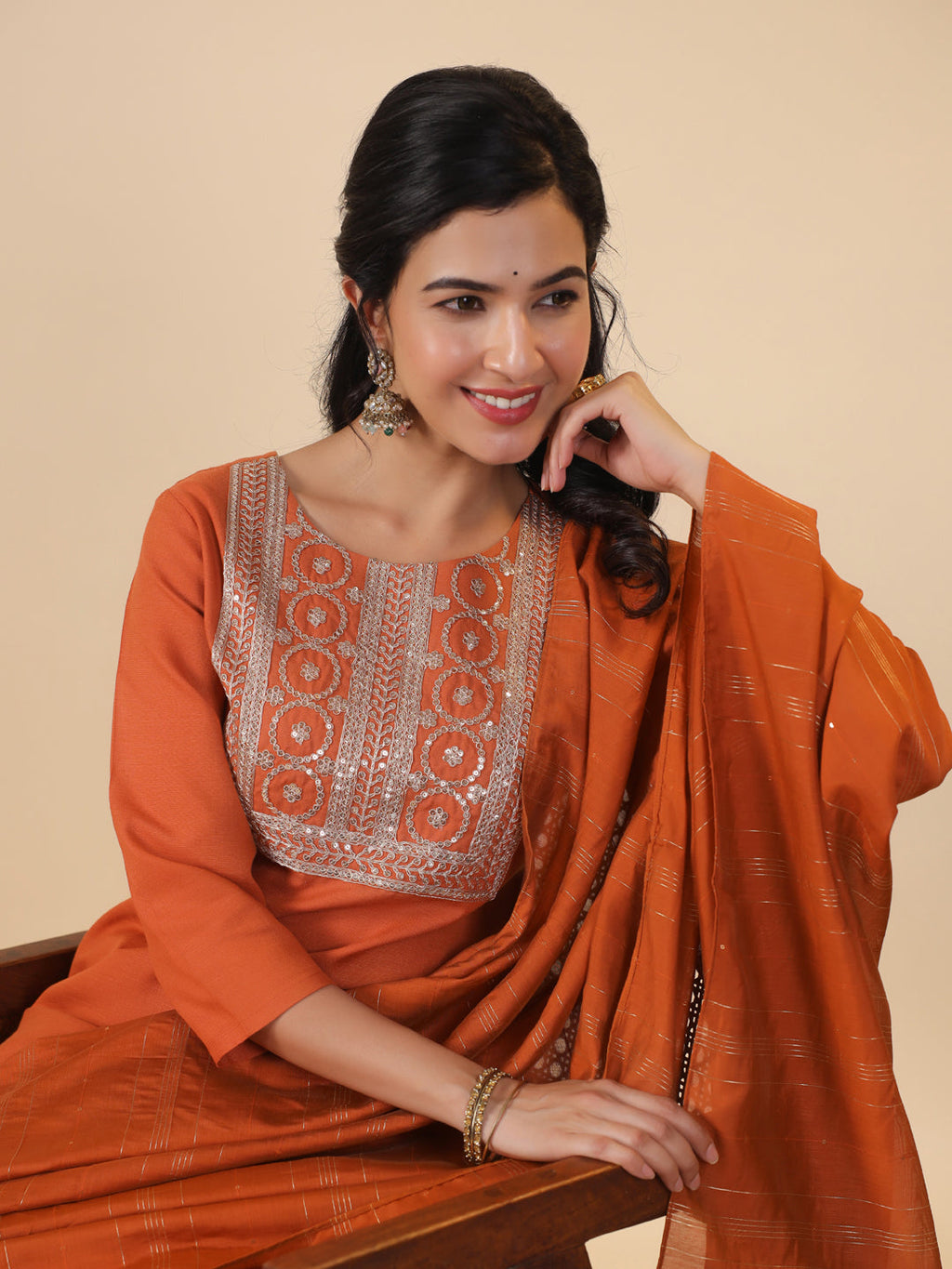 Janasya Dark Cotton Blend Yoke Embroidery Straight Kurta Set | Grocsy