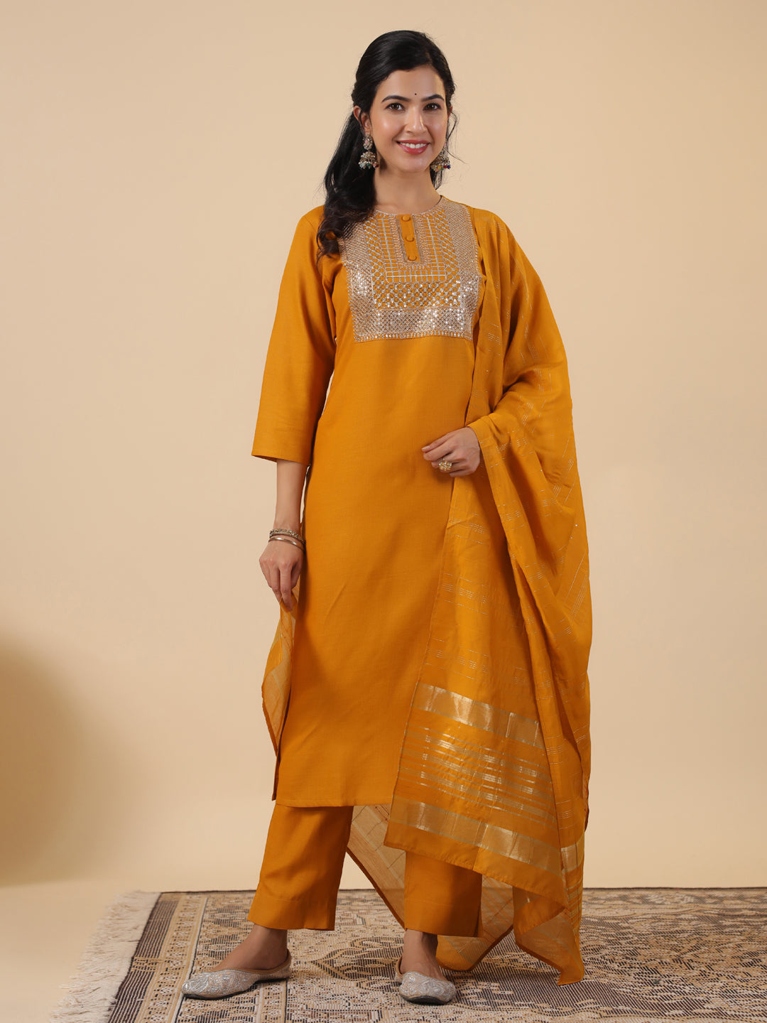 Janasya Bright Cotton Blend Yoke Embroidery Straight Kurta Set | Grocsy
