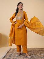 Janasya Bright Cotton Blend Yoke Embroidery Straight Kurta Set | Grocsy