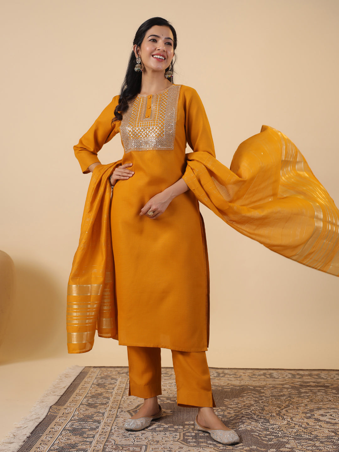 Janasya Bright Cotton Blend Yoke Embroidery Straight Kurta Set | Grocsy