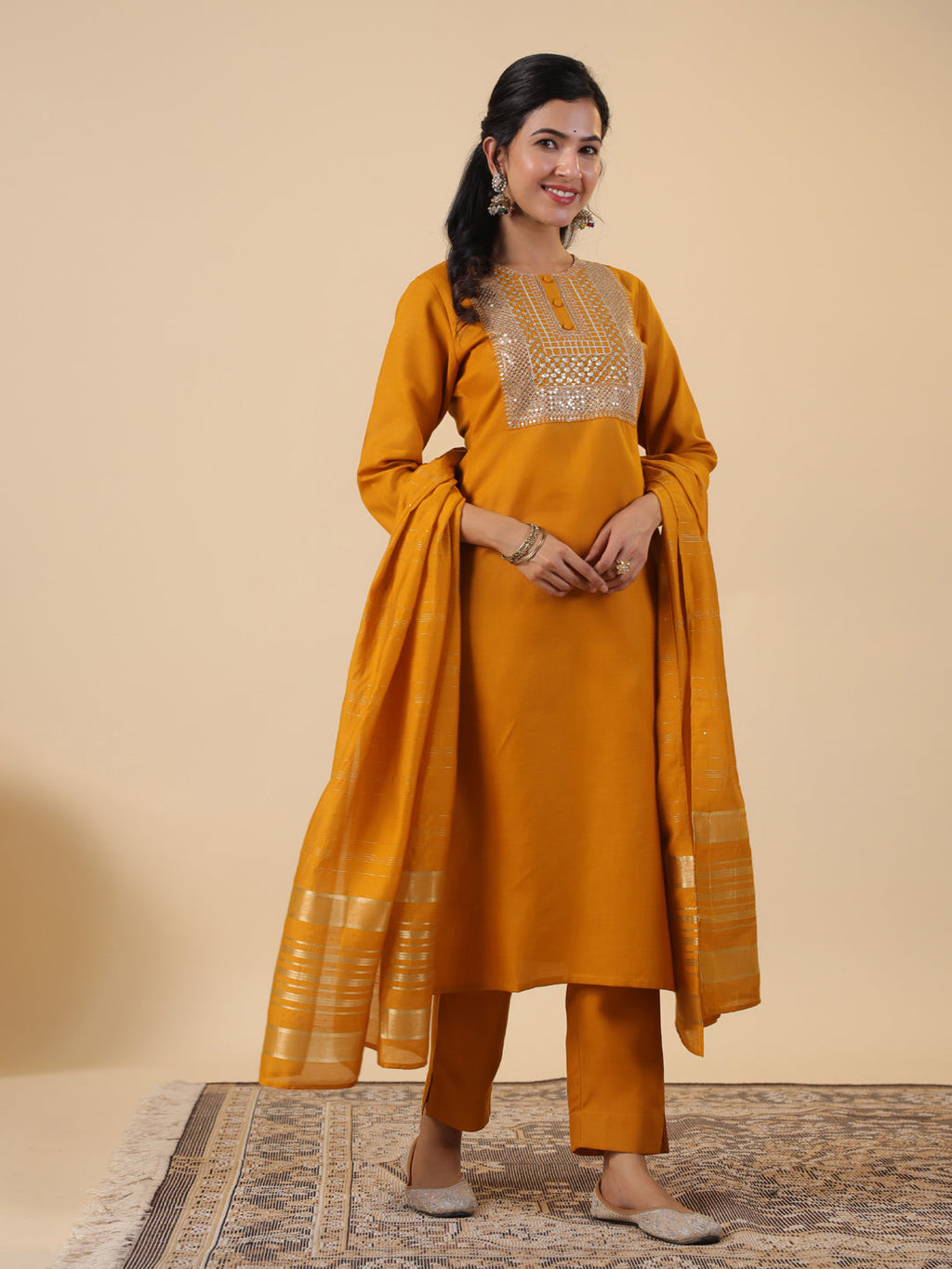Janasya Bright Cotton Blend Yoke Embroidery Straight Kurta Set | Grocsy