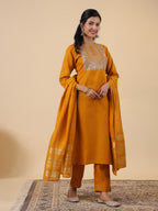 Janasya Bright Cotton Blend Yoke Embroidery Straight Kurta Set | Grocsy