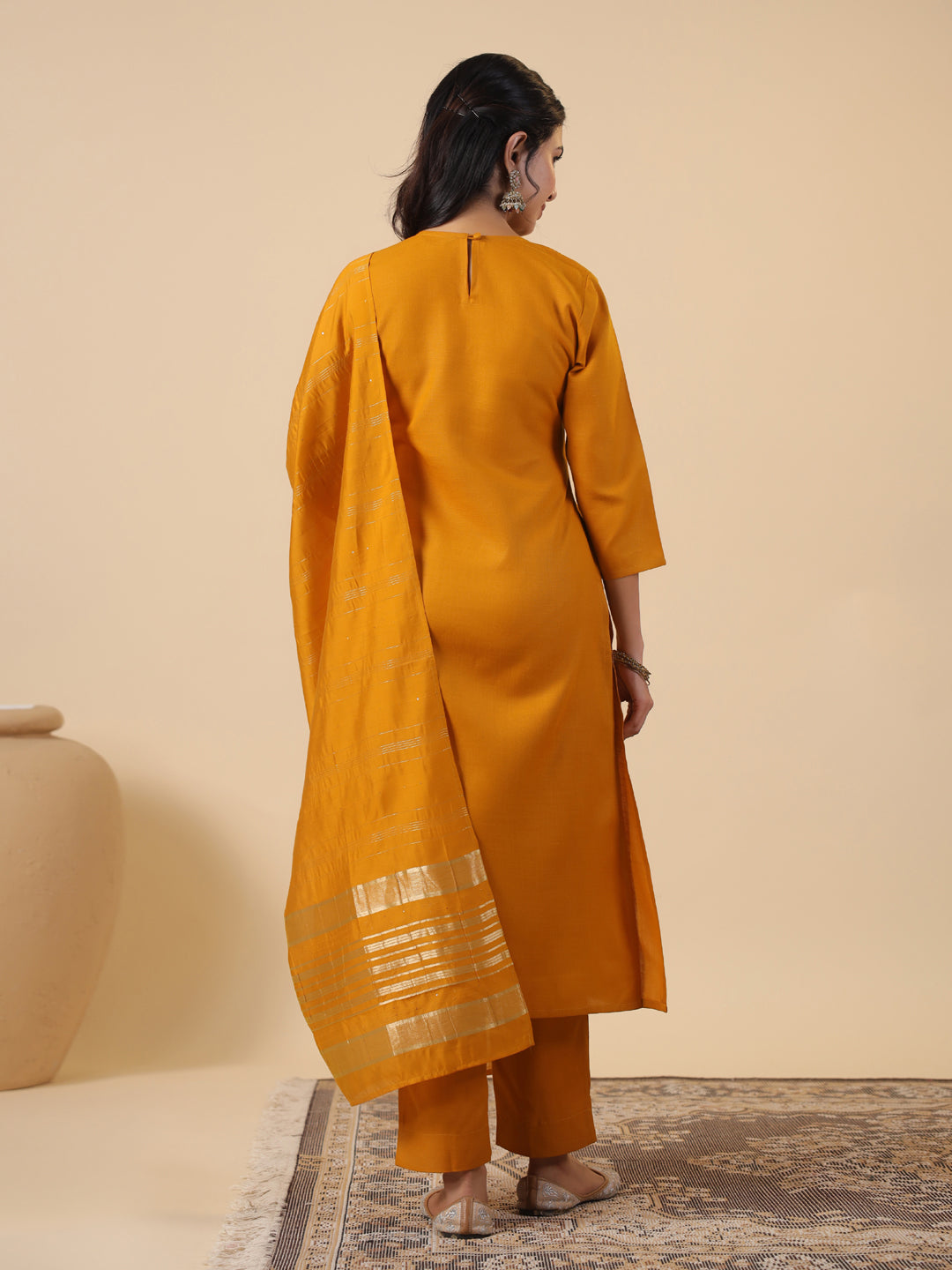 Janasya Bright Cotton Blend Yoke Embroidery Straight Kurta Set | Grocsy