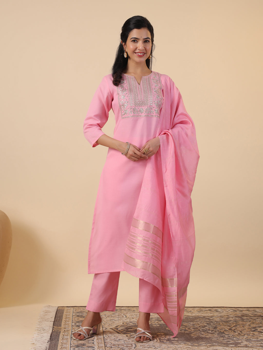 Janasya Light Cotton Blend Embroidered Straight Kurta Set | Grocsy