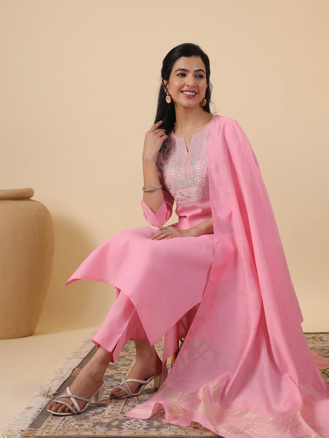 Janasya Light Cotton Blend Embroidered Straight Kurta Set | Grocsy