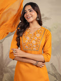 Janasya Bright Cotton Blend Yoke Embroidery Straight Kurta Set | Grocsy