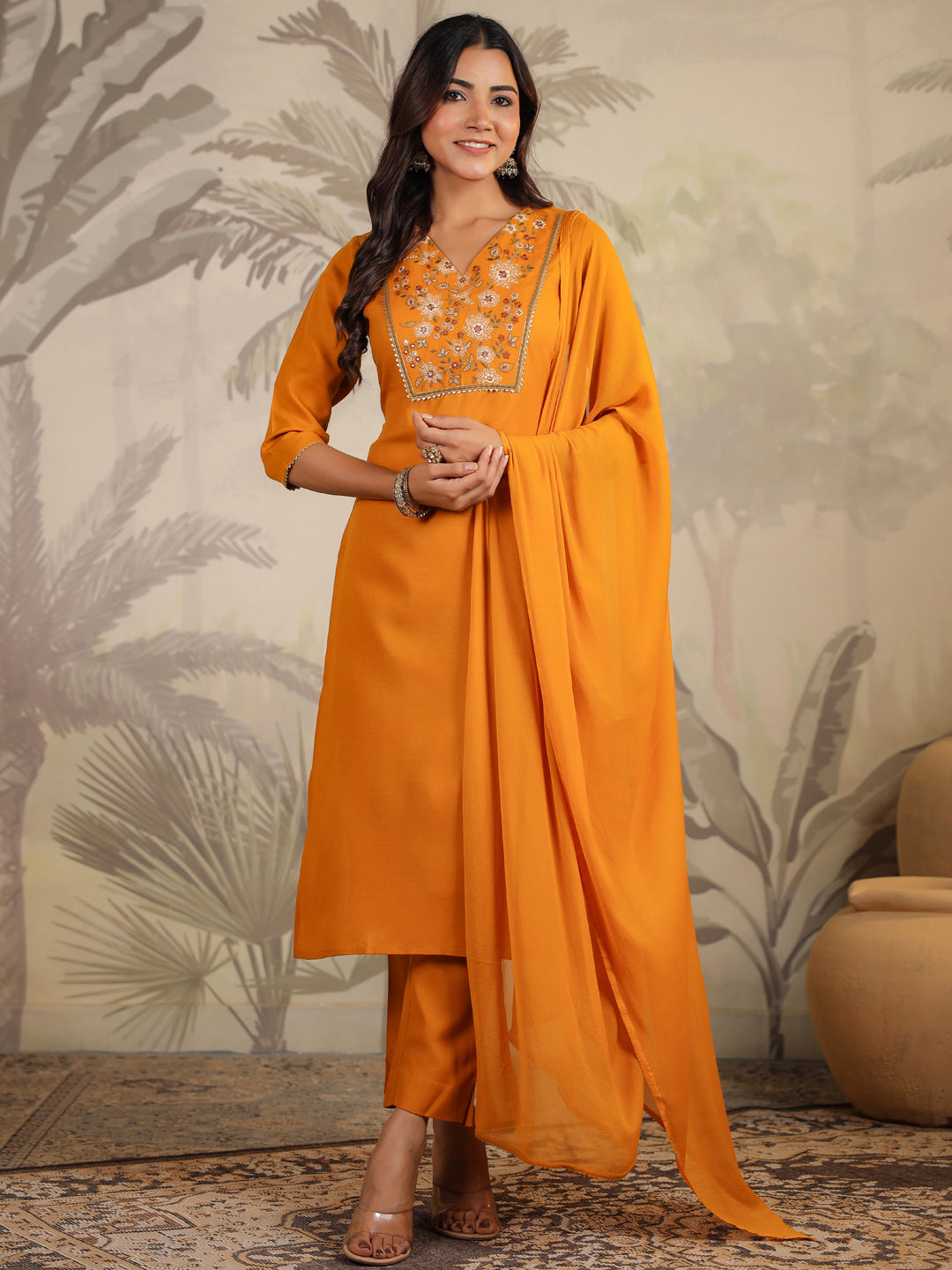 Janasya Bright Cotton Blend Yoke Embroidery Straight Kurta Set | Grocsy