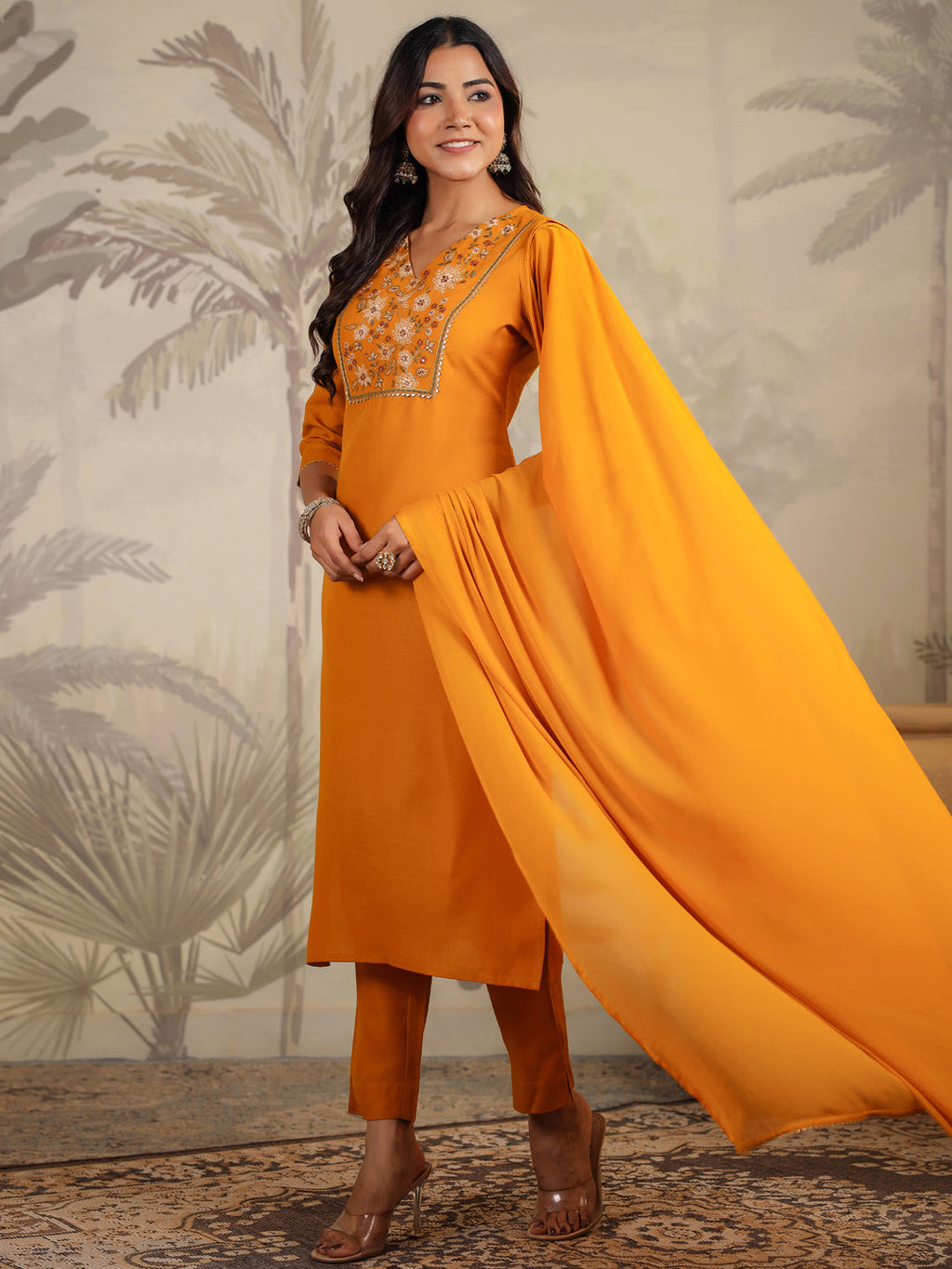 Janasya Bright Cotton Blend Yoke Embroidery Straight Kurta Set | Grocsy