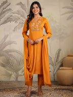 Janasya Bright Cotton Blend Yoke Embroidery Straight Kurta Set | Grocsy