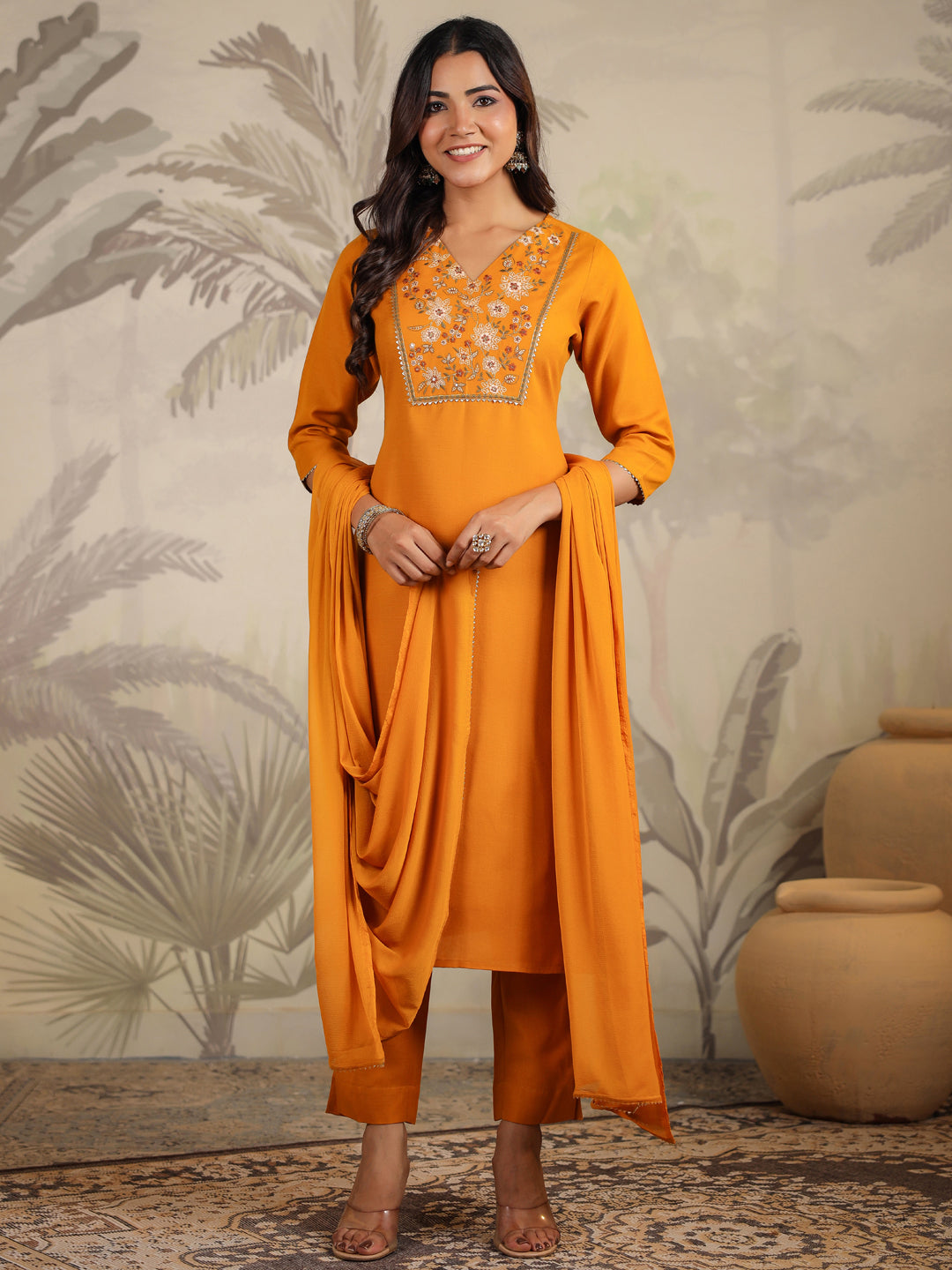 Janasya Bright Cotton Blend Yoke Embroidery Straight Kurta Set | Grocsy