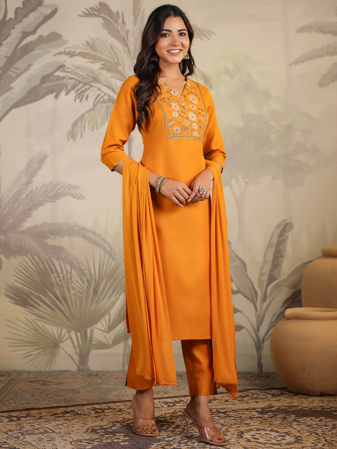 Janasya Bright Cotton Blend Yoke Embroidery Straight Kurta Set | Grocsy